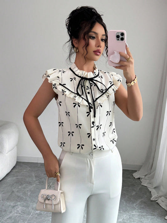 Gmail#2633 Apricot Base Butterfly Print Ruffle Collar Colorblock Flared Cuff Blouse