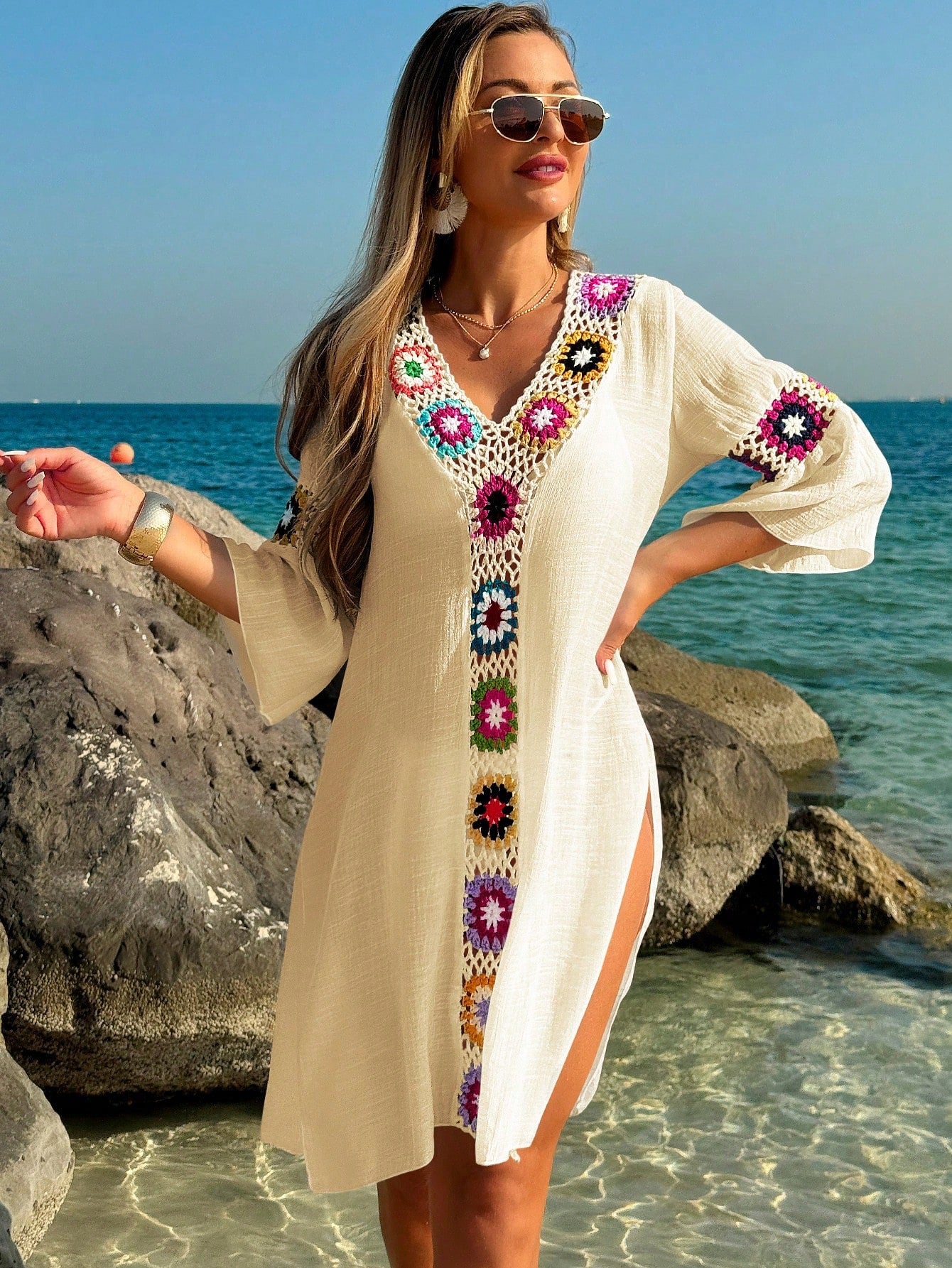#5775 V-Neck 3/4 Sleeve, Crochet Flower, Side Slit Cover Up