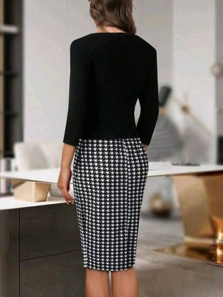 Houndstooth Print Split Back 2 In 1 Bodycon Dress