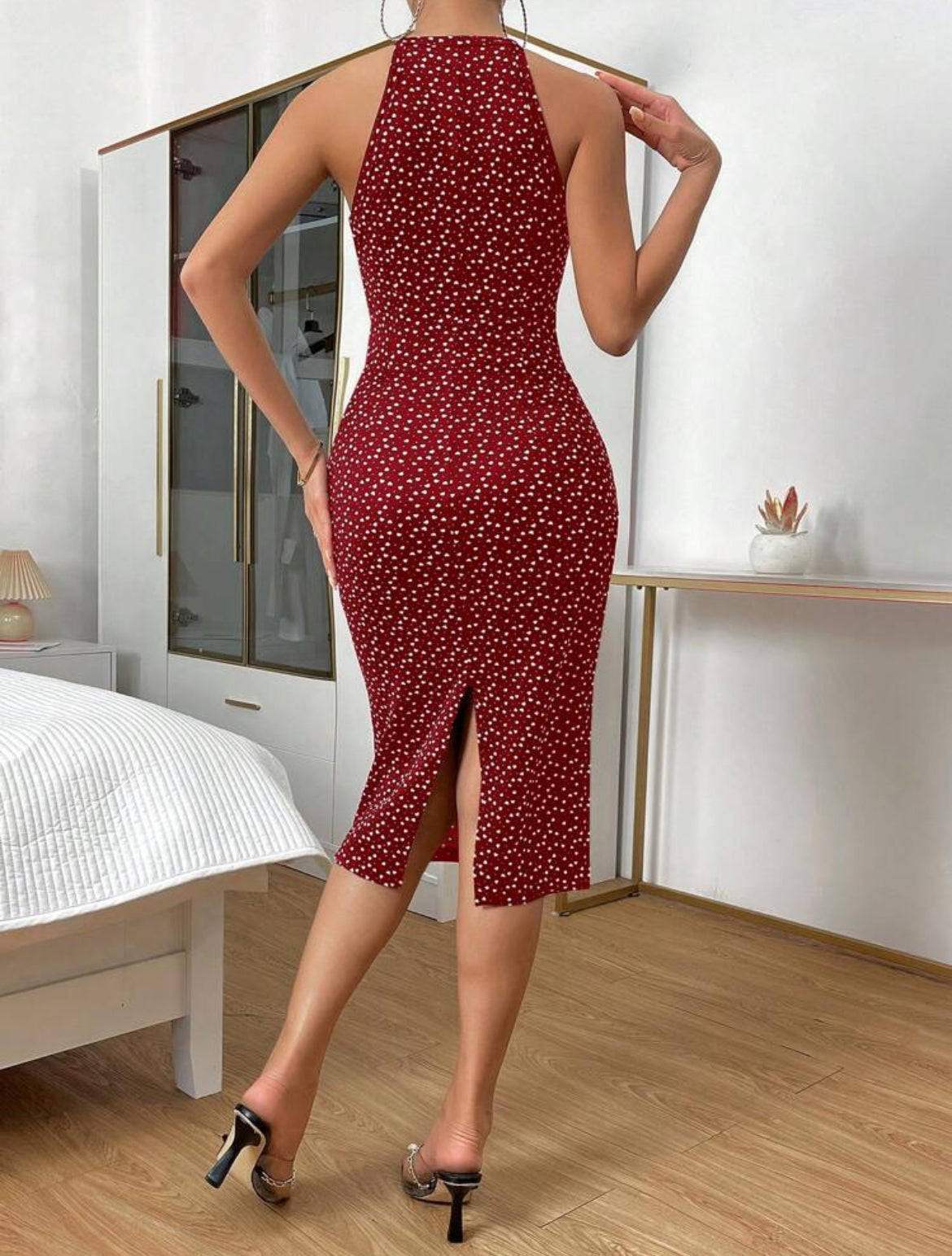 #0662 Allover Heart Print Halter Neck Cami Bodycon Dress
