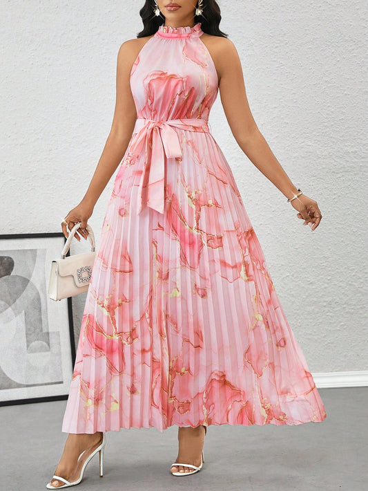 #9618 Marble Print Knotted Waist Pleated Hem Elegant Halter Neck Dress