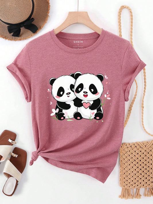 #9172 Panda Print Round Neck Short Sleeve T-Shirt