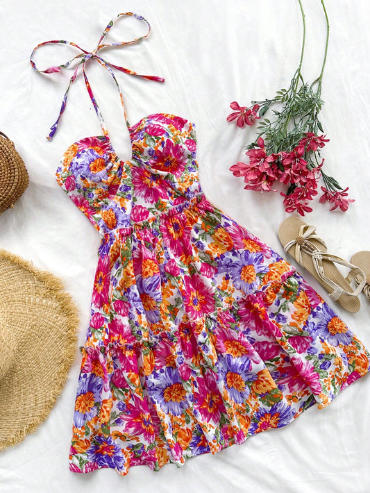 7477 Floral A-Line Tie Neck Dress