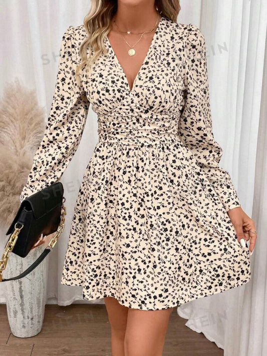Ditsy Floral Print Plunging Neck Dress