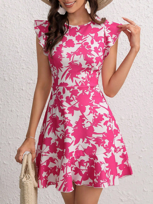 #1655 Floral Print Ruffle Trim Dress