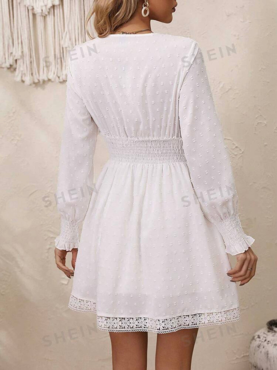 Lace Insert Shirred Waist Dress