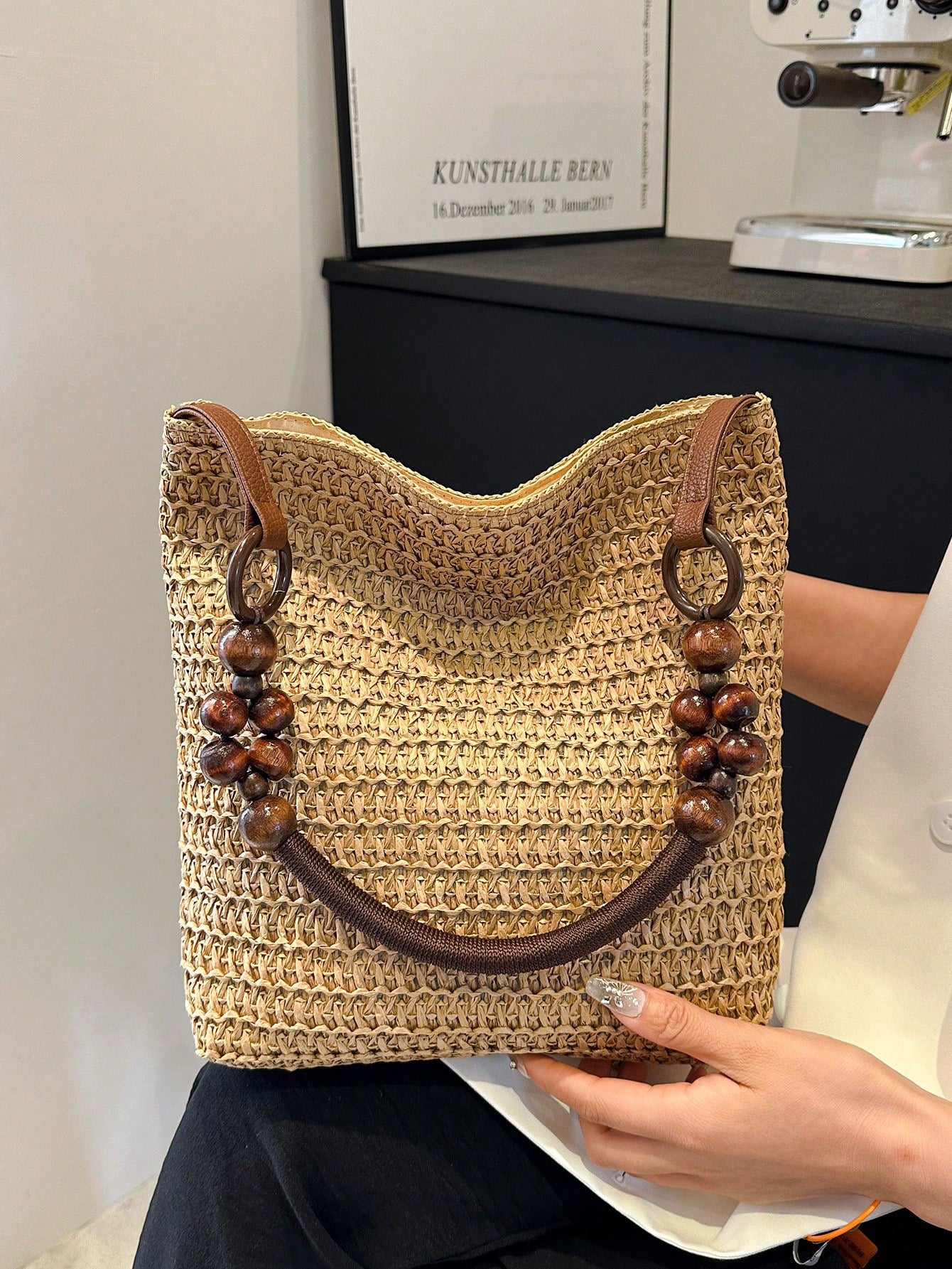#3972 Bucket Bag With Wooden Beaded Shoulder Strap