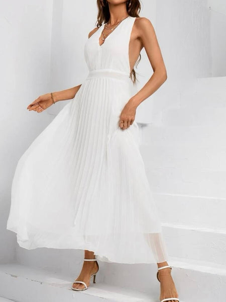Plunging Neck Criss Cross Backless Pleated Hem Dress