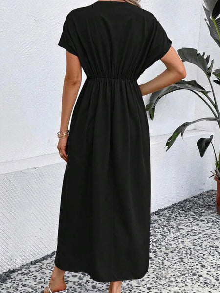 Plunging Neck Fold Pleated Detail Dress