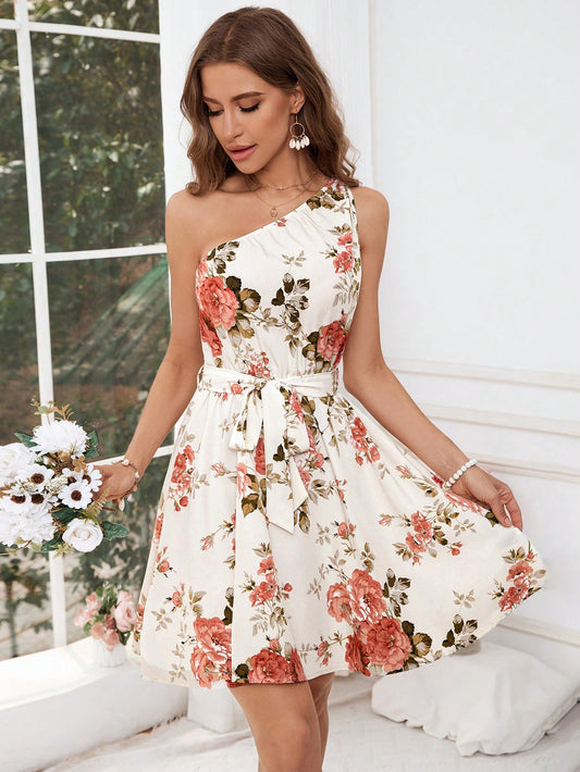 #3430 Casual One Shoulder Floral Printed Dress