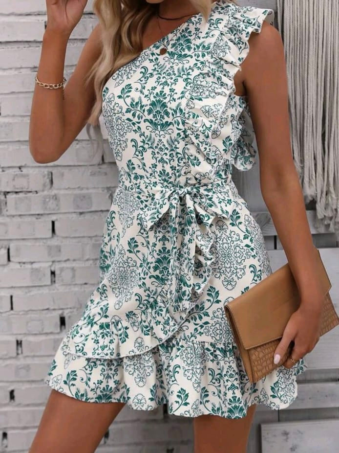 One Shoulder Ruffle Trim Wrap Hem Belted Dress