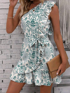One Shoulder Ruffle Trim Wrap Hem Belted Dress