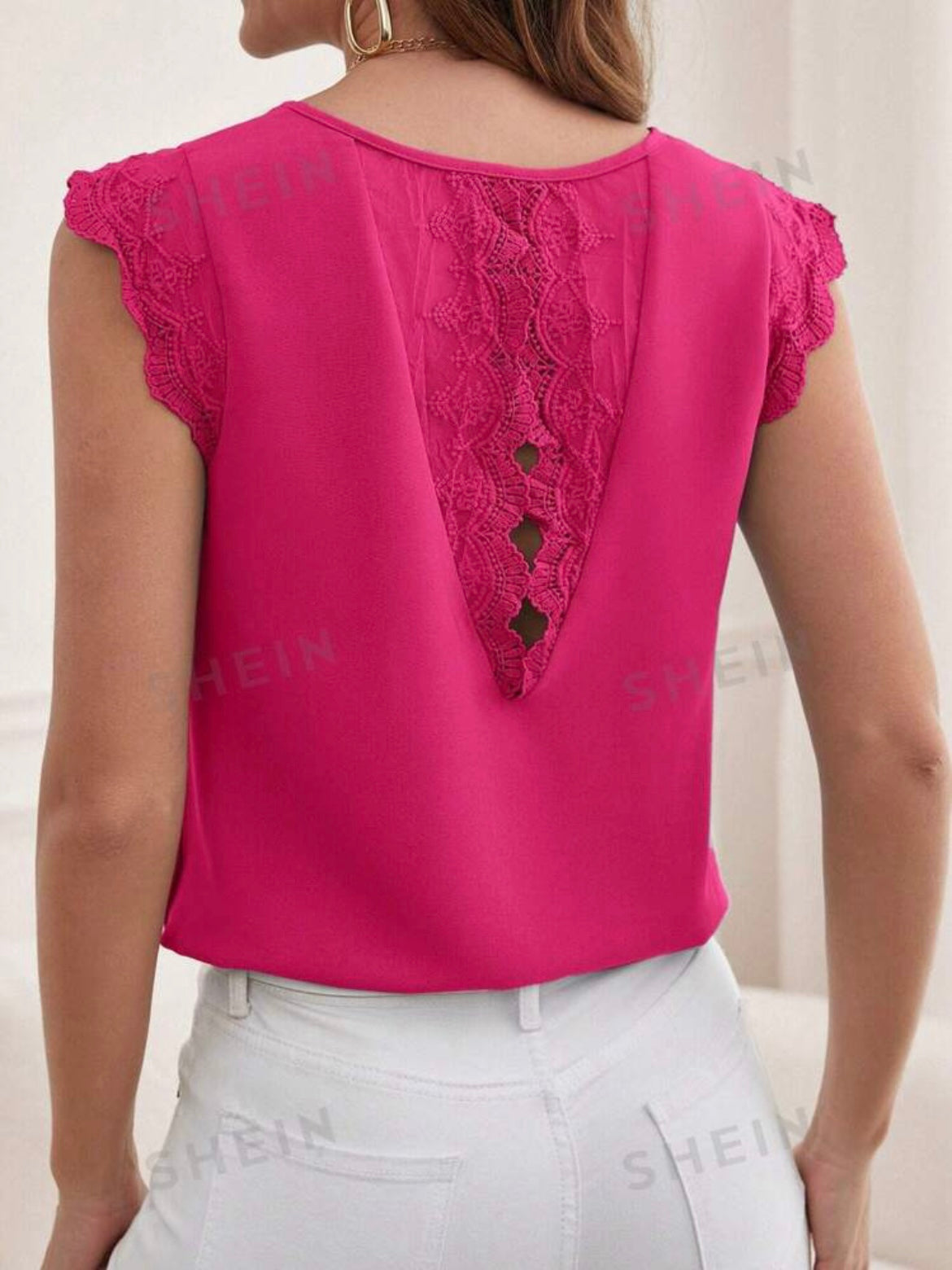 Embroidery Mesh Scallop Trim Solid Blouse