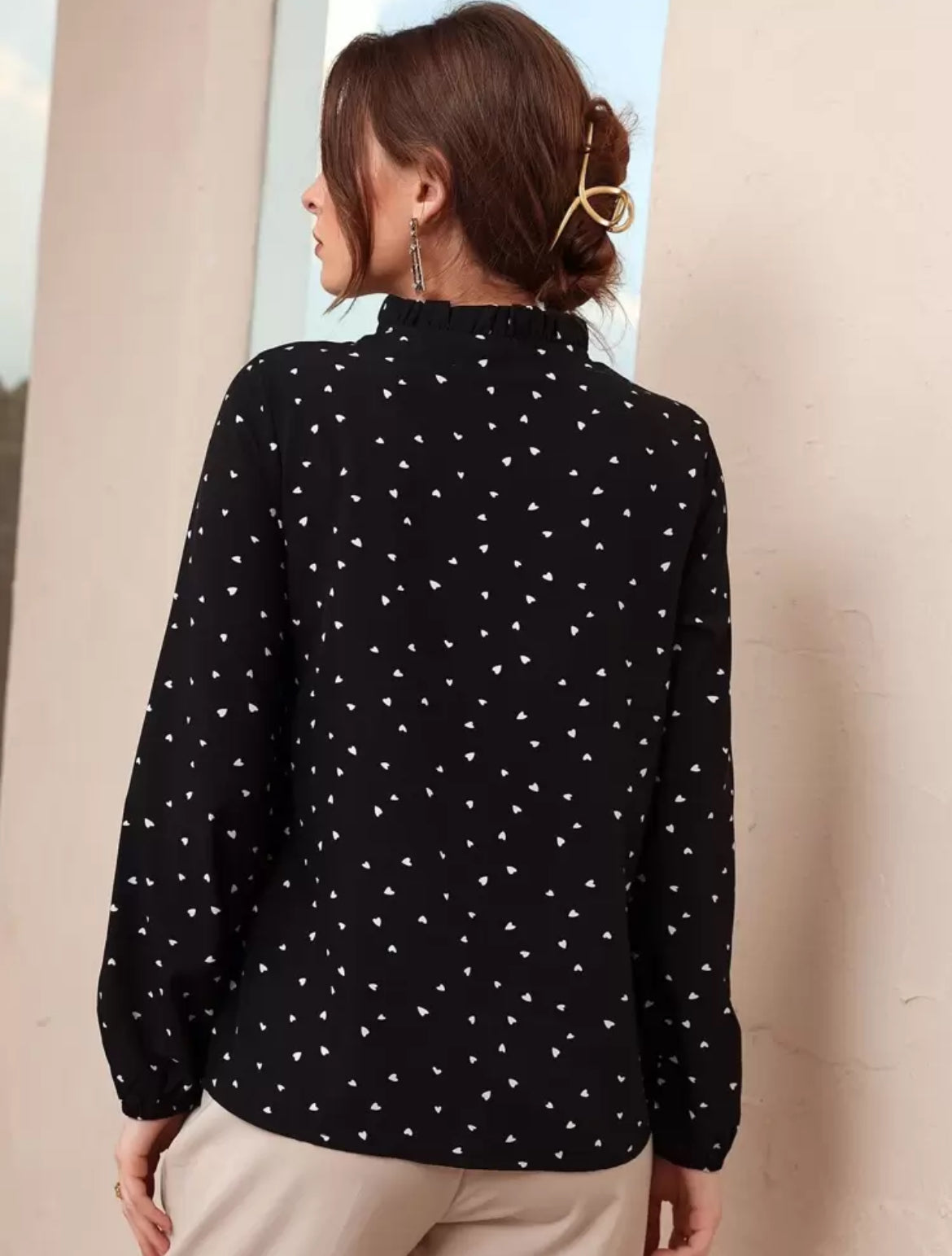 Gmail #7718 Heart Print Frill Tie Neck Blouse