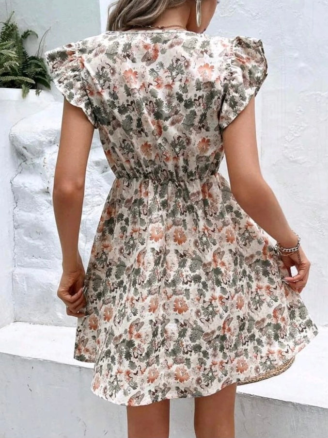 Allover Floral Print Ruffle Trim Dress
