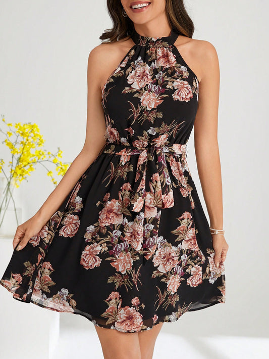 #1522 Floral Print Halter Neck Dress