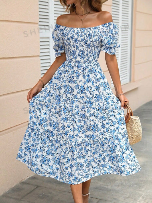 Allover Floral Print Puff Sleeve Dress