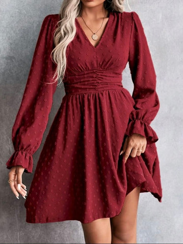 Swiss Dot Ruched Waist Flounce Sleeve Dress