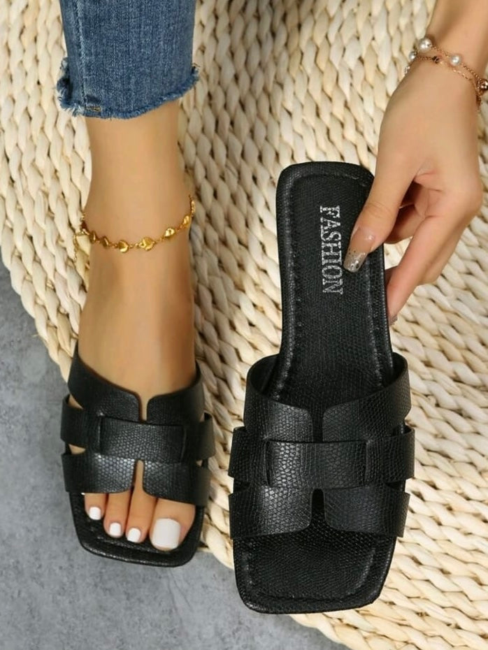 Snakeskin Embossed Cut Out Design Open Toe Slide Sandals