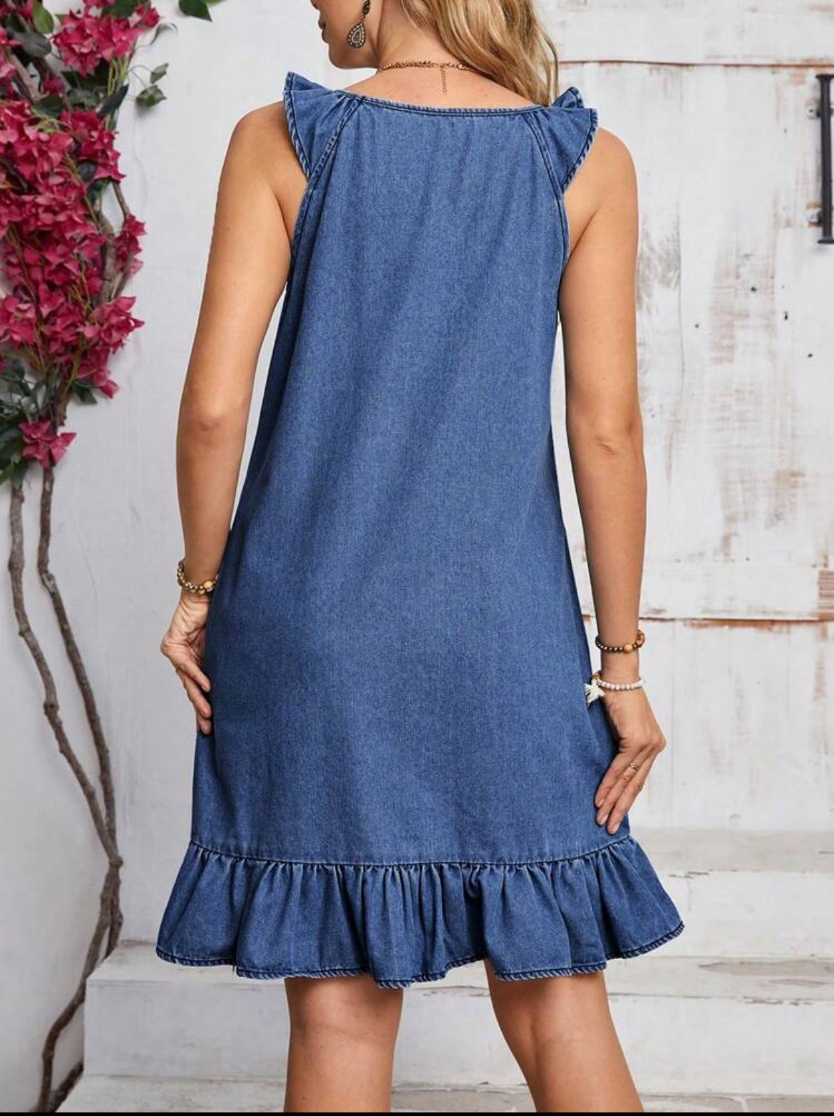 #2808 Cap Sleeve Ruffle Hem Pocketed Loose Casual Denim Dress