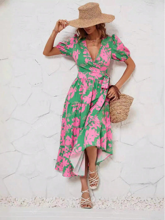 8962  V-Neck Printed Tie-Up High Slit Mid-Length Dress