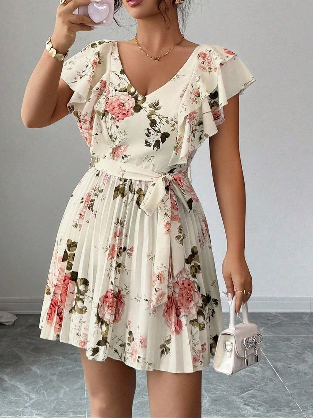 0356  V-Neck Floral Print Cinched Waist Pleated A-Line Dress