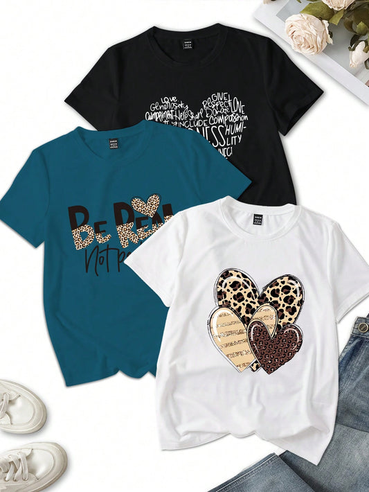 #4222 3pcs Leopard Heart Print T-Shirt Combo