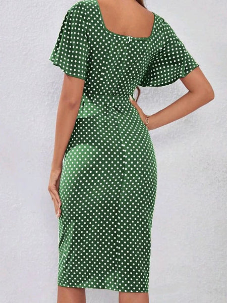 Polka Dot Print Butterfly Sleeve Belted Dress