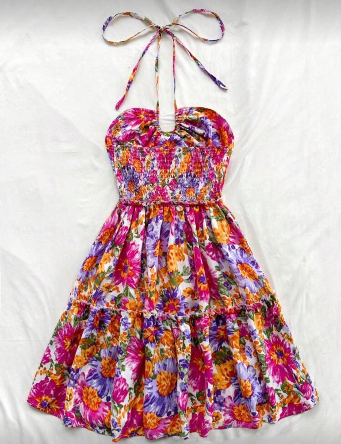 7477 Floral A-Line Tie Neck Dress