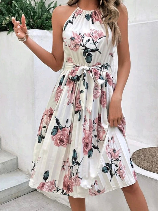 Floral Print Belted Halter Dress