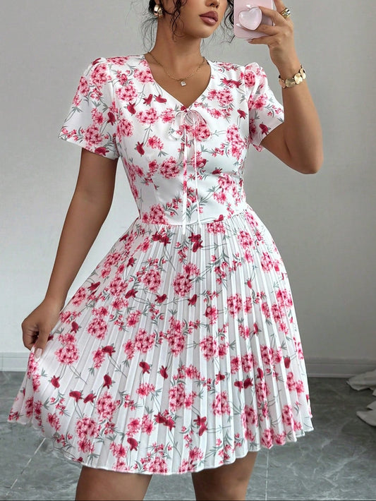 2147 V-Neck Waisted Pleated Dress