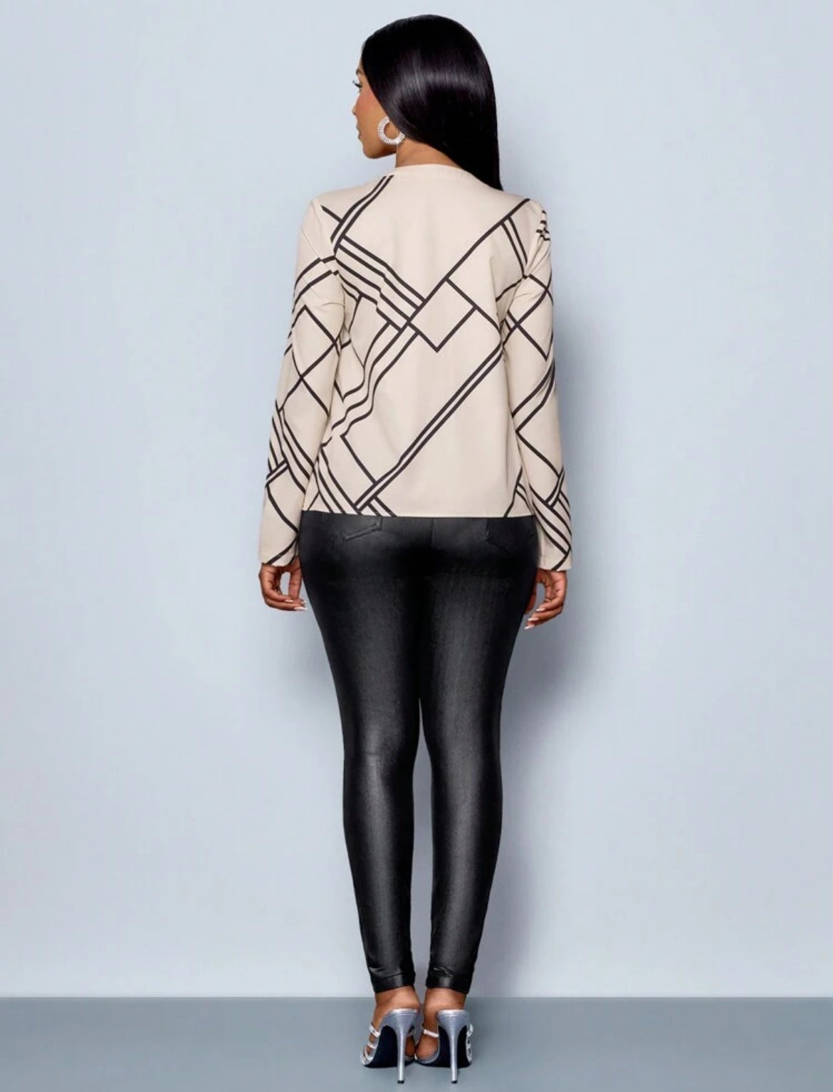 Gmail #8687 Apricot Line Print V-Neck Long Sleeve