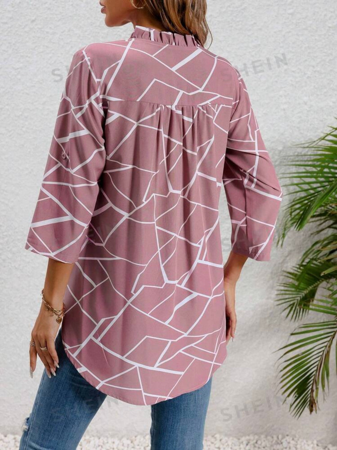 All Over Printed Shirt With Notched Collar And Flared Sleeves