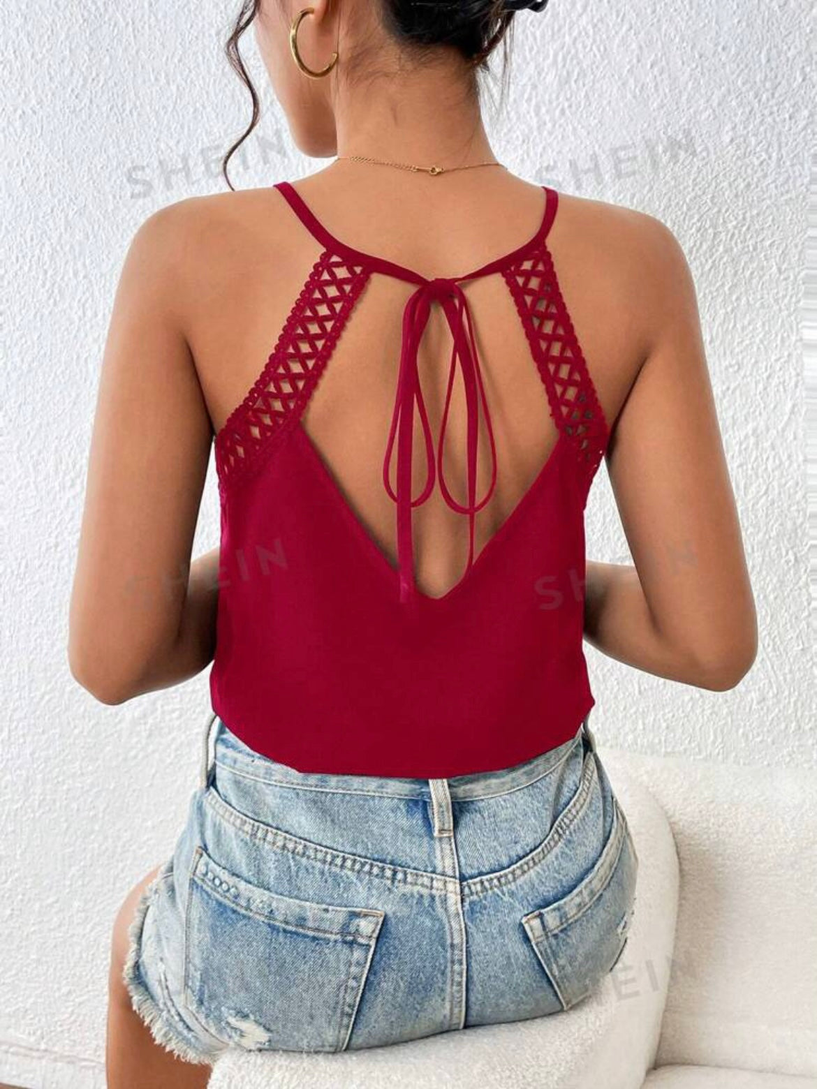 Tie Back Lace Romantic And Elegant French Style Feather Print Halter Top