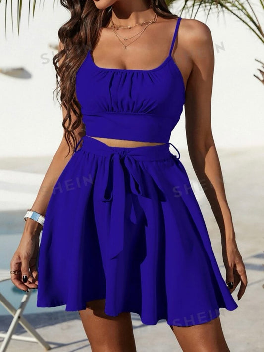 Ruched Bust Cami Top & Belted Skirt Set