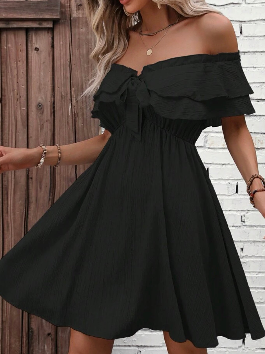 Solid Off Shoulder Knot Front Ruffle Trim Dress