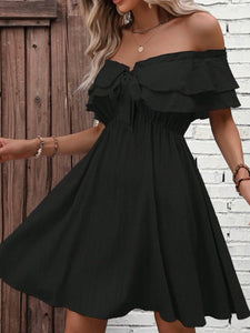 Solid Off Shoulder Knot Front Ruffle Trim Dress