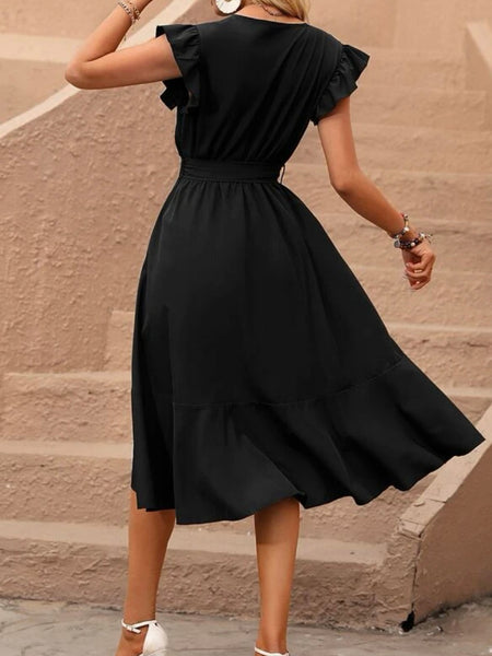 Butterfly Sleeve Ruffle Trim Wrap Hem Belted Dress