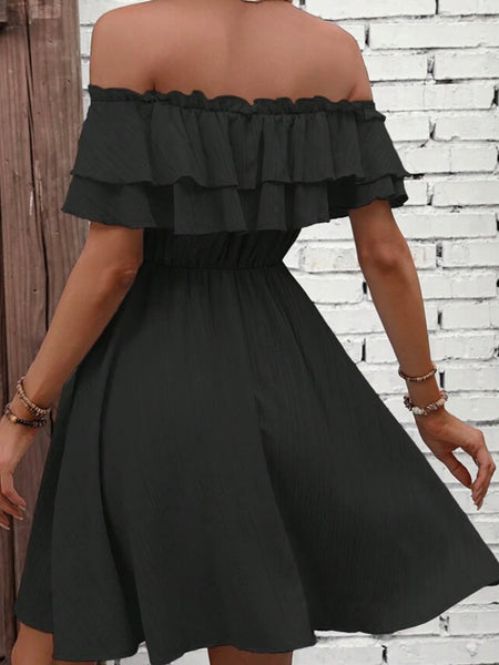 Solid Off Shoulder Knot Front Ruffle Trim Dress