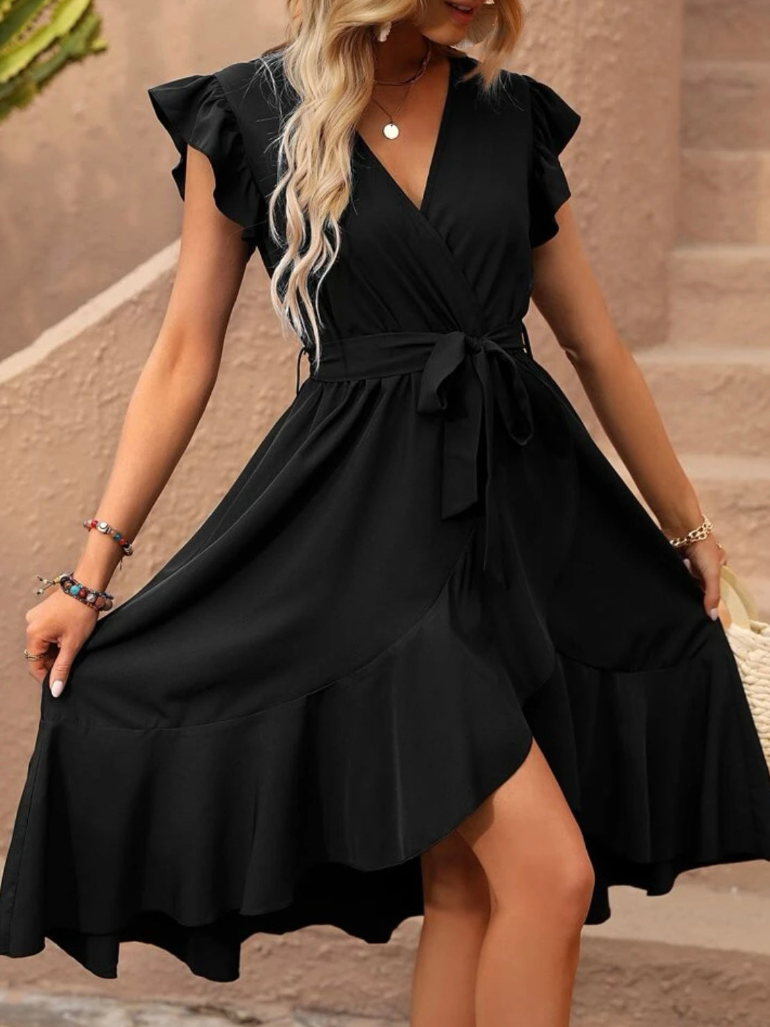 Butterfly Sleeve Ruffle Trim Wrap Hem Belted Dress