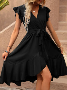 Butterfly Sleeve Ruffle Trim Wrap Hem Belted Dress