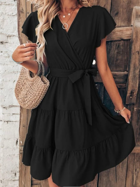 Butterfly Sleeve Ruffle Hem Belted Dress