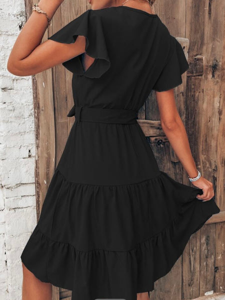 Butterfly Sleeve Ruffle Hem Belted Dress