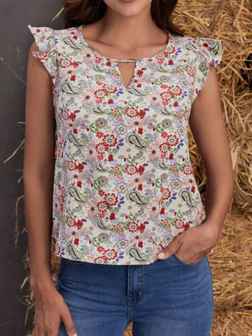 Ruffle Trim Keyhole Neck Blouse