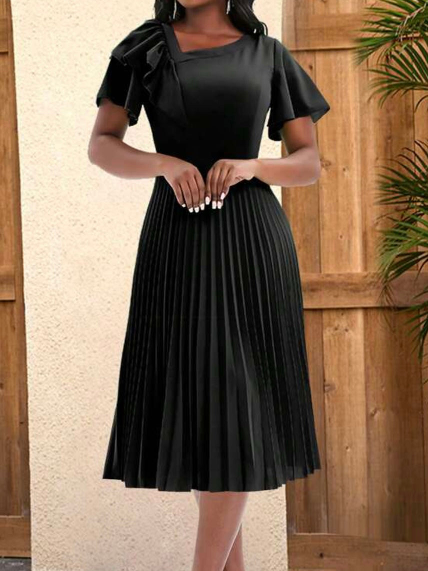 Ruffle Trim Pleated Hem Dress