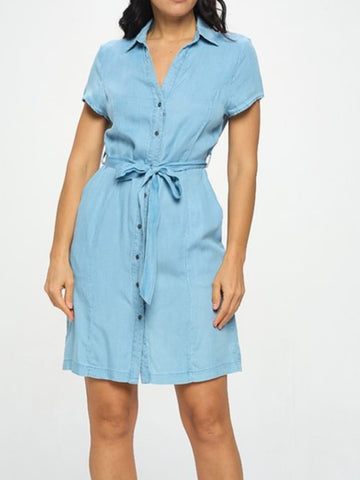 Button Closure Denim Dress with tie belt