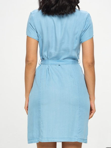 Button Closure Denim Dress with tie belt