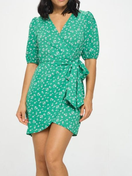 Surplice Neck Wrap Hem Mini Dress