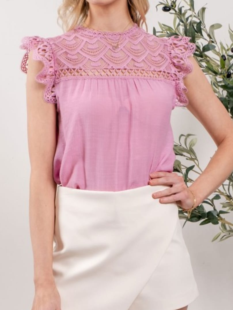 Front Lace Yoke Woven Top