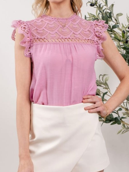 Front Lace Yoke Woven Top